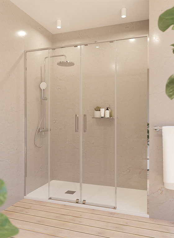 Shower enclosure: 1 fixed panel + 2 sliding doors + 1 fixed panel